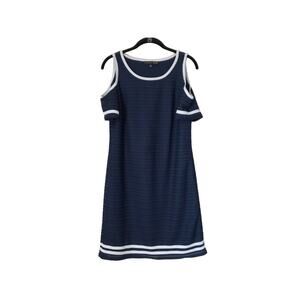 Madison Leigh Womens Dress Size S Navy Blue White Cold Shoulder Crew Neck Sheath